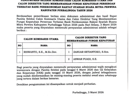 Pengumuman Hasil Seleksi Administrasi Calon Komut dan DYMFK BPRS BMP 2026